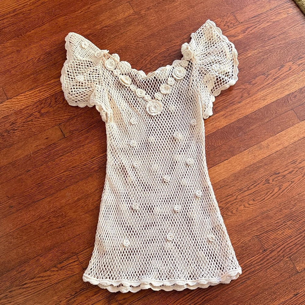 For love & lemons  Crochet Cream Net Dress with Floral Accents